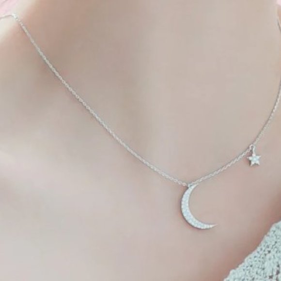 Sterling Silver Layered Necklace Chain Star Half Moon Choker Necklace - Picture 1 of 8